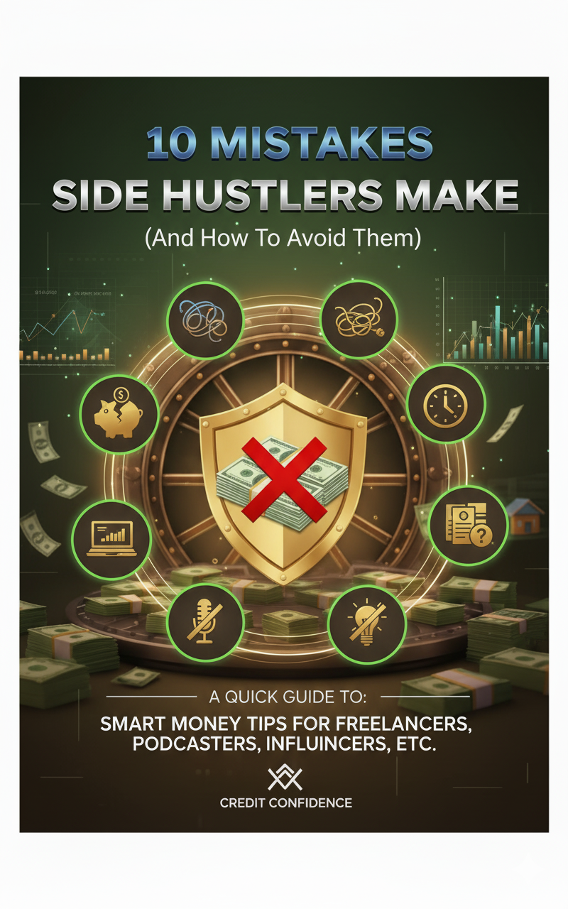 Book cover titled '10 Mistakes Side Hustlers Make' with a shield icon and money symbols on a dark background.