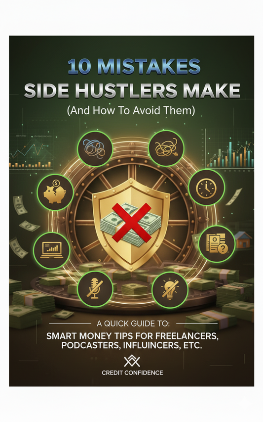 Book cover titled '10 Mistakes Side Hustlers Make' with a shield icon and money symbols on a dark background.
