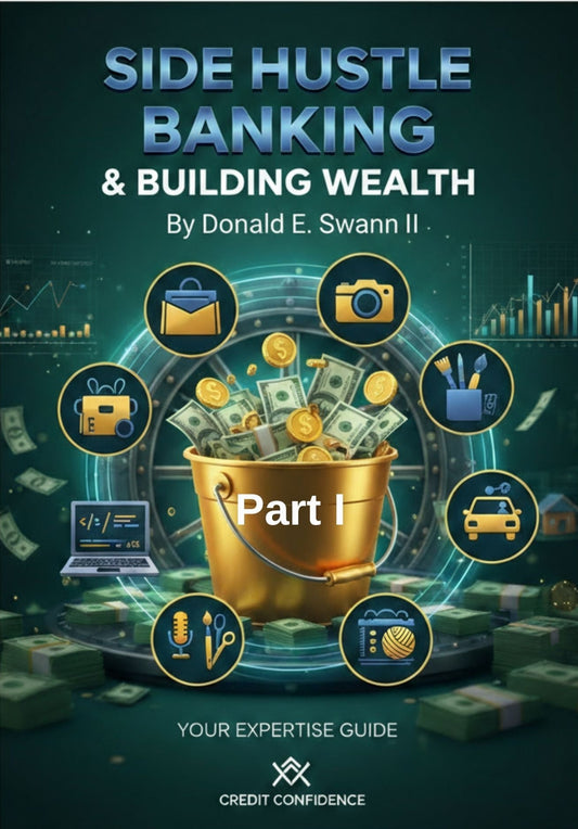 Book cover of 'Side Hustle Banking & Building Wealth' by Donald E. Swann II with financial icons and a gold bucket on a dark green background.
